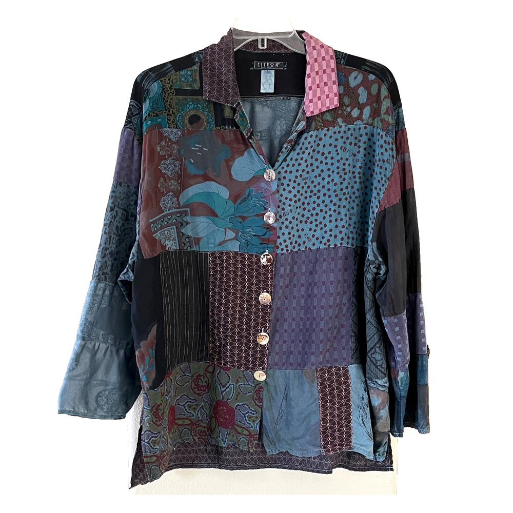 CITRON SANTA MONICA Size Large Teal Purple Patchwork Button-Up Long Sleeve Tunic